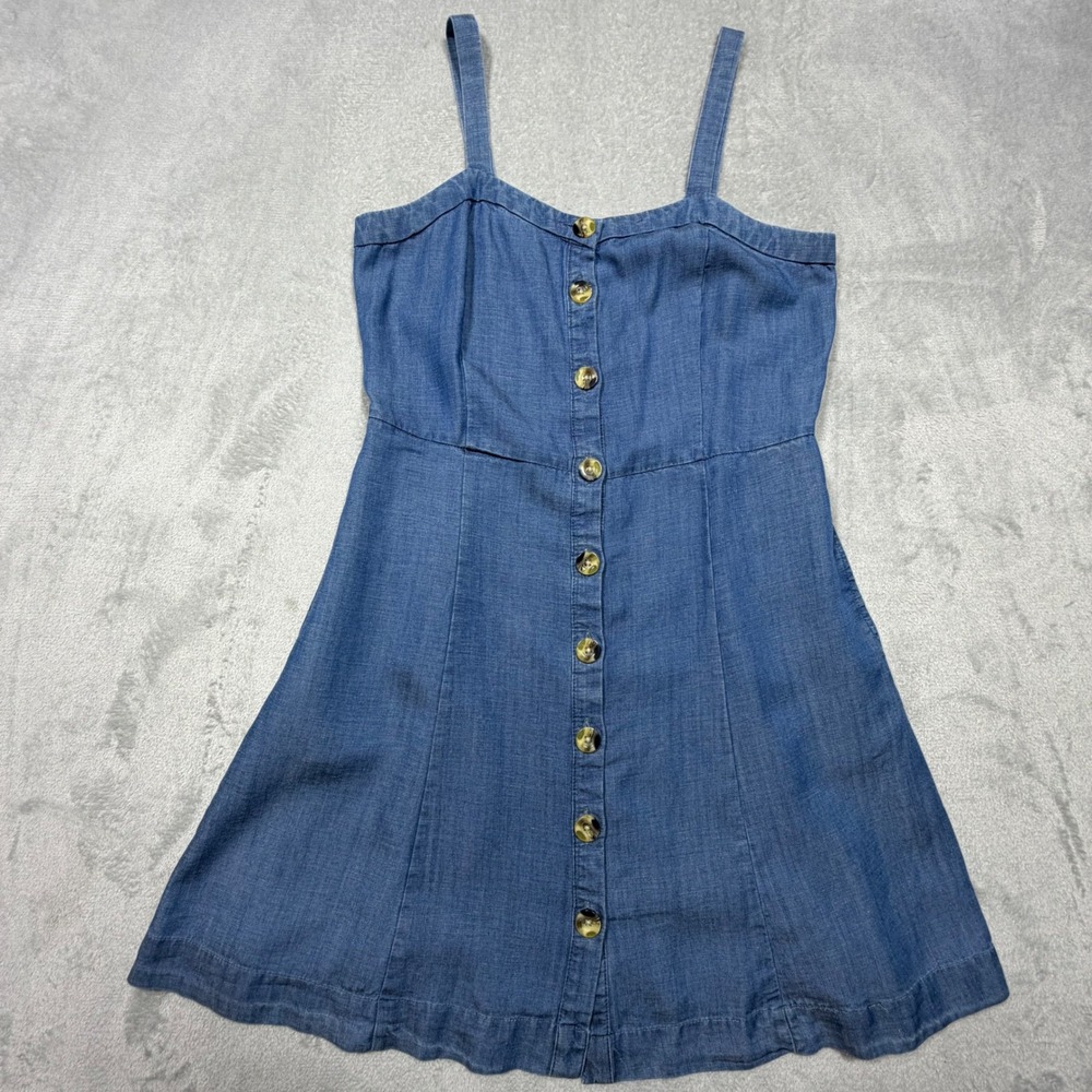 2010s Blue Linen denim Blend LOFT Button Front Fit and Flare Mini Dress Size 6